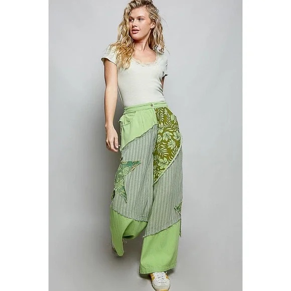 POL Green Patchwork Star Straight Leg Pants Floral Stripe Boho LARGE - Picture 2 of 7